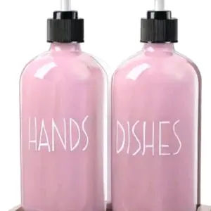 Dish Soap Dispenser for Kitchen - 16 OZ Glass Hand Soap Dispenser Set with Acacia Wood Tray - Pink Kitchen Bathroom Decor and Accessories
