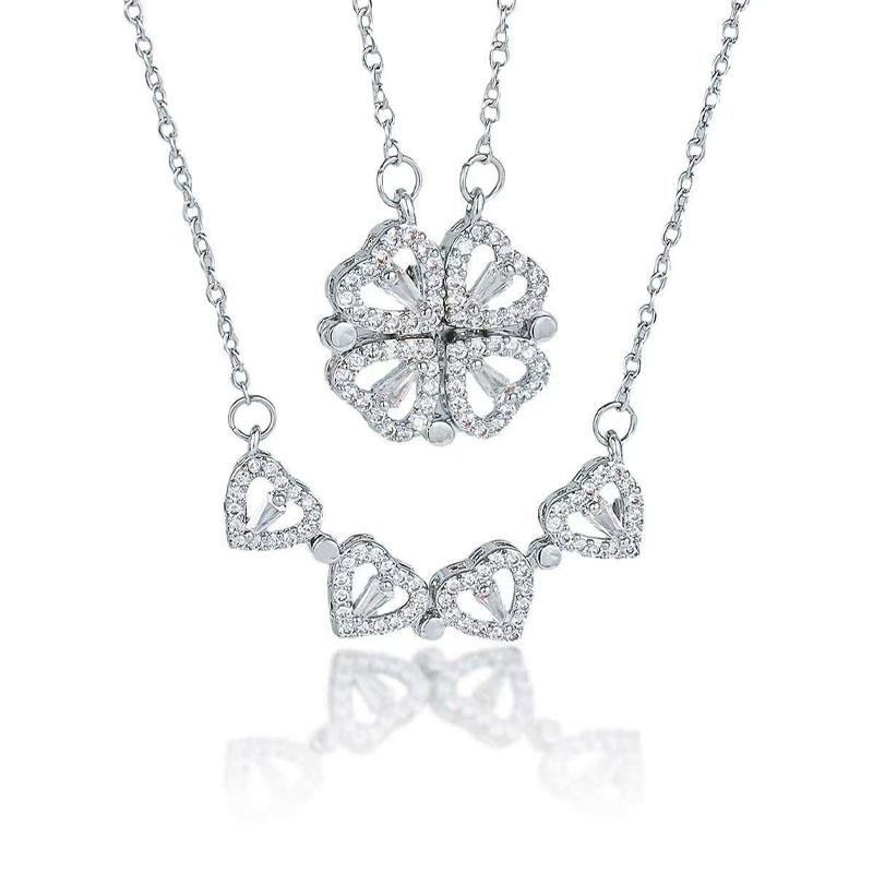 2-in-1 Foldable Four-Leaf Clover Heart CZ Necklace - Stainless Steel 24cm Chain Magnetic Heart Pendant Necklace for Women