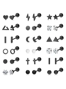 Stylish 18 Pairs Black Glinting Ear Studs for Women Men Premium Surgical Stainless Steel Ear Ornaments 20G Versatile Cartilage Piercing Studs Cross Moon Star Mini Trendy Charms Screw Flat Back Framework Unisex Ear Piercing Accessory Collection