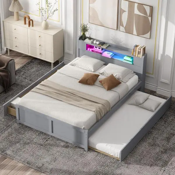 Queen Size Wood Captain Platform Bed Frame with Storage LED Headboard,2 Drawers and 1 Twin Size Trundle, No Box Spring Needed