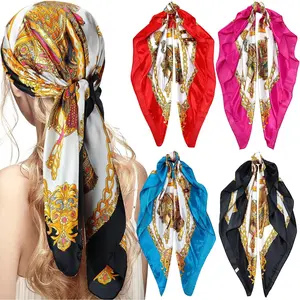 HSA2 4 Pcs 35 Inch Silk Scarf for Women Hair Satin Scarf Square Silk Bandanas Large Head Scarves for Sleeping