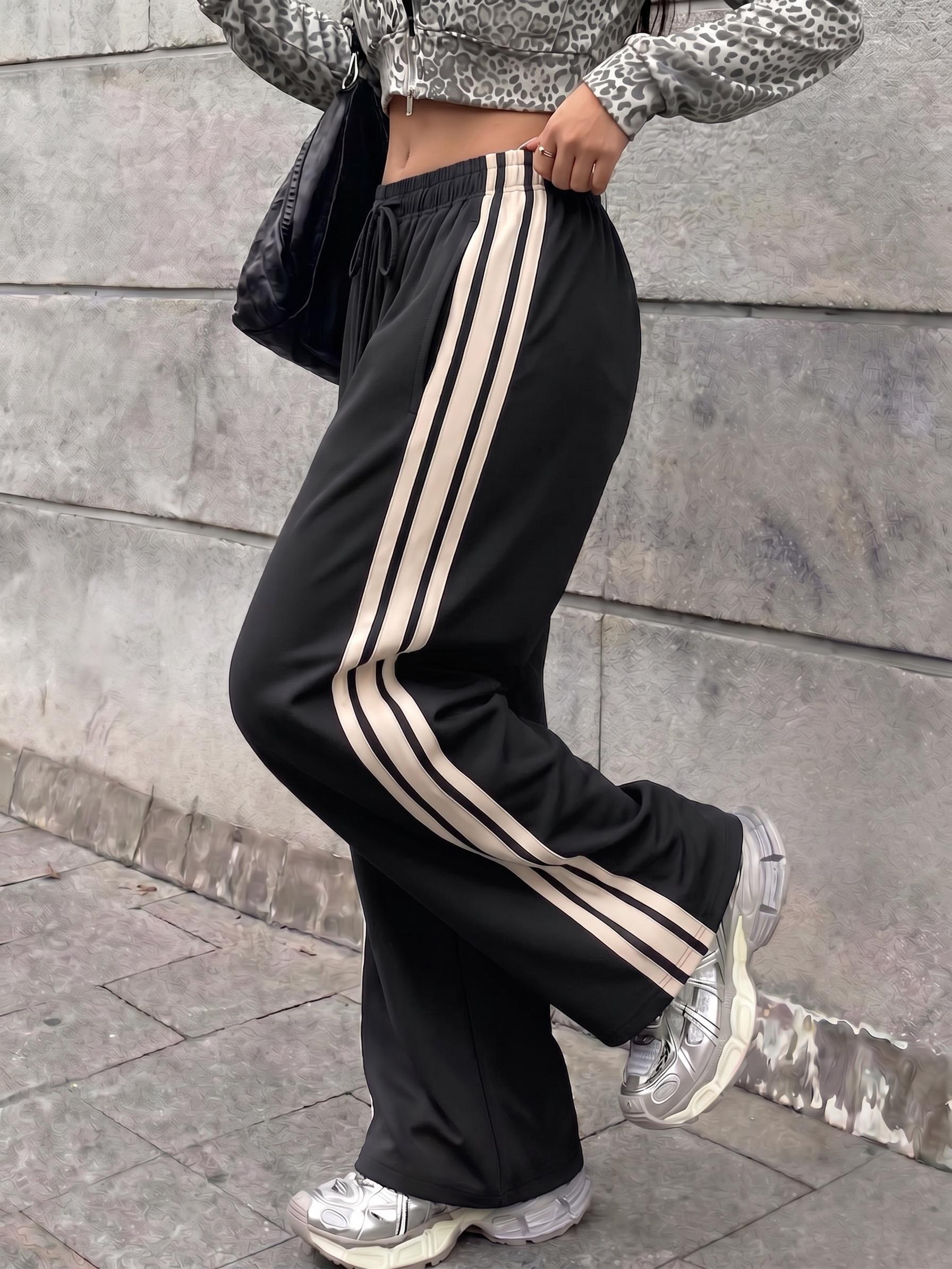 Women's Vintage Navy Blue Striped Woven Fabric Bottoms - Comfy Mid-Waist Elastic-Waist Straight Leg Pants for Spring/Autumn, Casual Retro Sports Pants with Fast Shipping