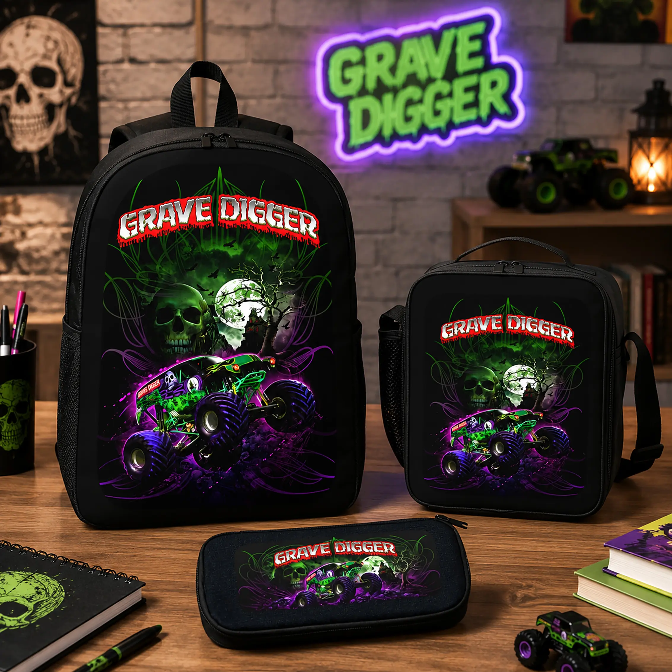 Monster Jam 3 Piece Backpack Set Polyester School Backpack Lunch Bag Pencil Case Large Capacity Lightweight Breathable Kids Bookbag For School Travel Back To School Boys Girls Students Monster Truck Daypack