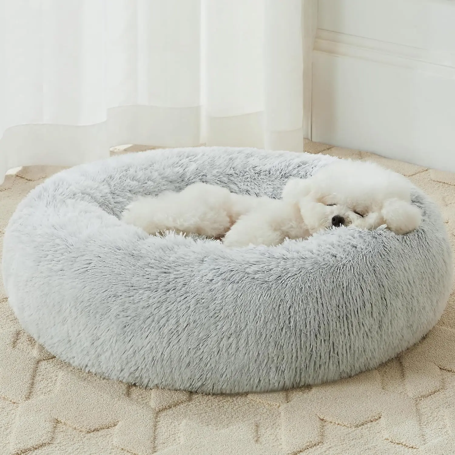 WNPETHOME Calming Dog Bed/Cat Bed Donut, Faux Fur Pet Bed Self-Warming Donut Cuddler, Comfortable Round Plush Dog Beds (30 x 30 x 8 Inch, Light Grey)