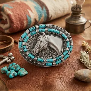 Women's Western Cowboy Belt Buckle with Turquoise Horse Design - Silver Decorative Buckle for Women and Men, Vintage Style Leather Belt Accessory Perfect for Country Fashion, Rodeo, and Casual Wear