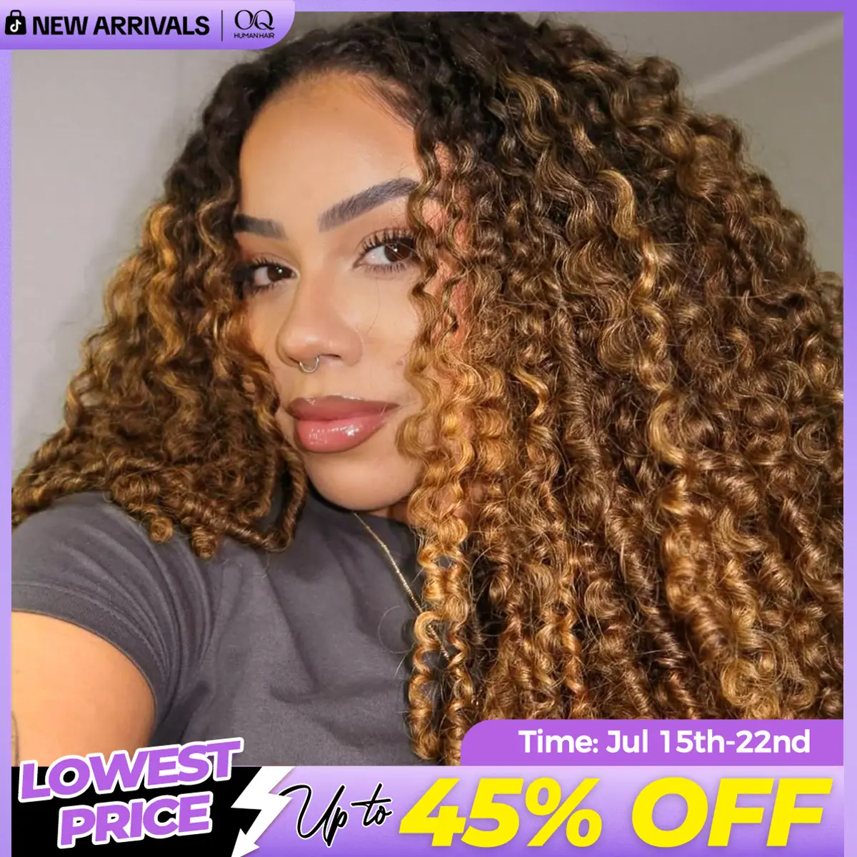 [3 In 1 Half Wig] Burmese Curly Highlight 4/27 Color Wear Go Half Wig With Elastic Drawstring 250% Density Flip Over Wig Human Hair #DealsForYouDays