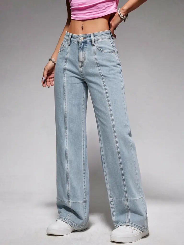 Y2K Light Blue Washed Wide Leg Jeans for Women High Waist Front Seam Detail Loose Fit Casual Denim Pants
