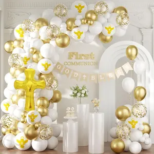 First Communion Decorations Balloon Garland Arch Kit, Baptism Decoration, First Holy Communion Decorations with God Bless Banner, Primera Communion Decor Balloons, First Communion for Boy Girl