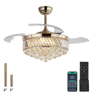 Kviflon 48'' Invisible Crystal Ceiling Fan with Light 3 Color Temperatures Remote Control Silent Motor Black Gold Memory Function for Bedrooms Living Rooms-9016
