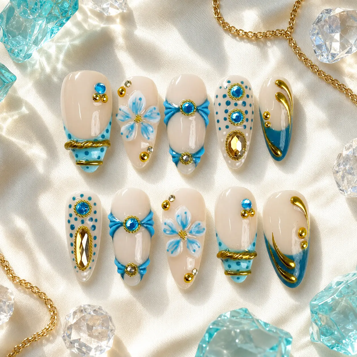 Glossia Aqua Jewel 3D Press On Nails, Medium Almond Blue Floral Bow Gold Crystal, Handmade Reusable Fake Nails