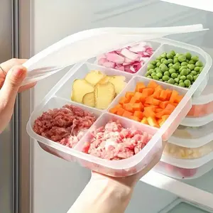 2pcs Transparent 4/6 Compartment Freezer Storage Boxes, Reusable Meat/veggie/spice Organizer, Airtight Soft Lid, Space-Saving Stackable Design