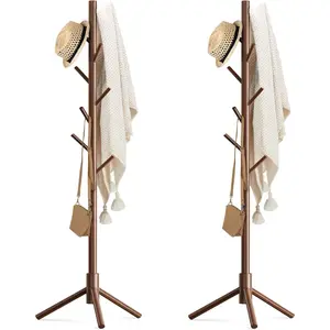 Wooden Coat Rack Stand with 8 Hooks New Zealand Pine 3 Adjustable Coat Standing Tree Easy Assembly for Coats, Hats, Scarves and Handbags for Entryway, Hallway, Bedroom, Office,2 PCS