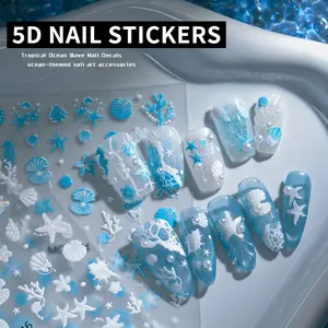 5D Embossed Nail Stickers, 3D Ocean‑Themed Summer Nail Decals with Shells, Starfish & Waves, INS Style Nail Art Decorations for Manicure tools