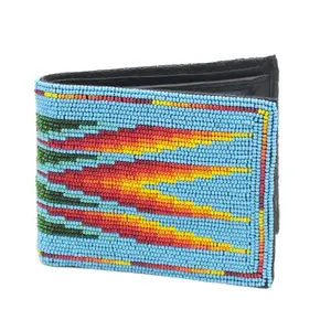 Handmade beaded Native American style genuine leather Men's bifold Wallet/purse - Cyan Blue Green