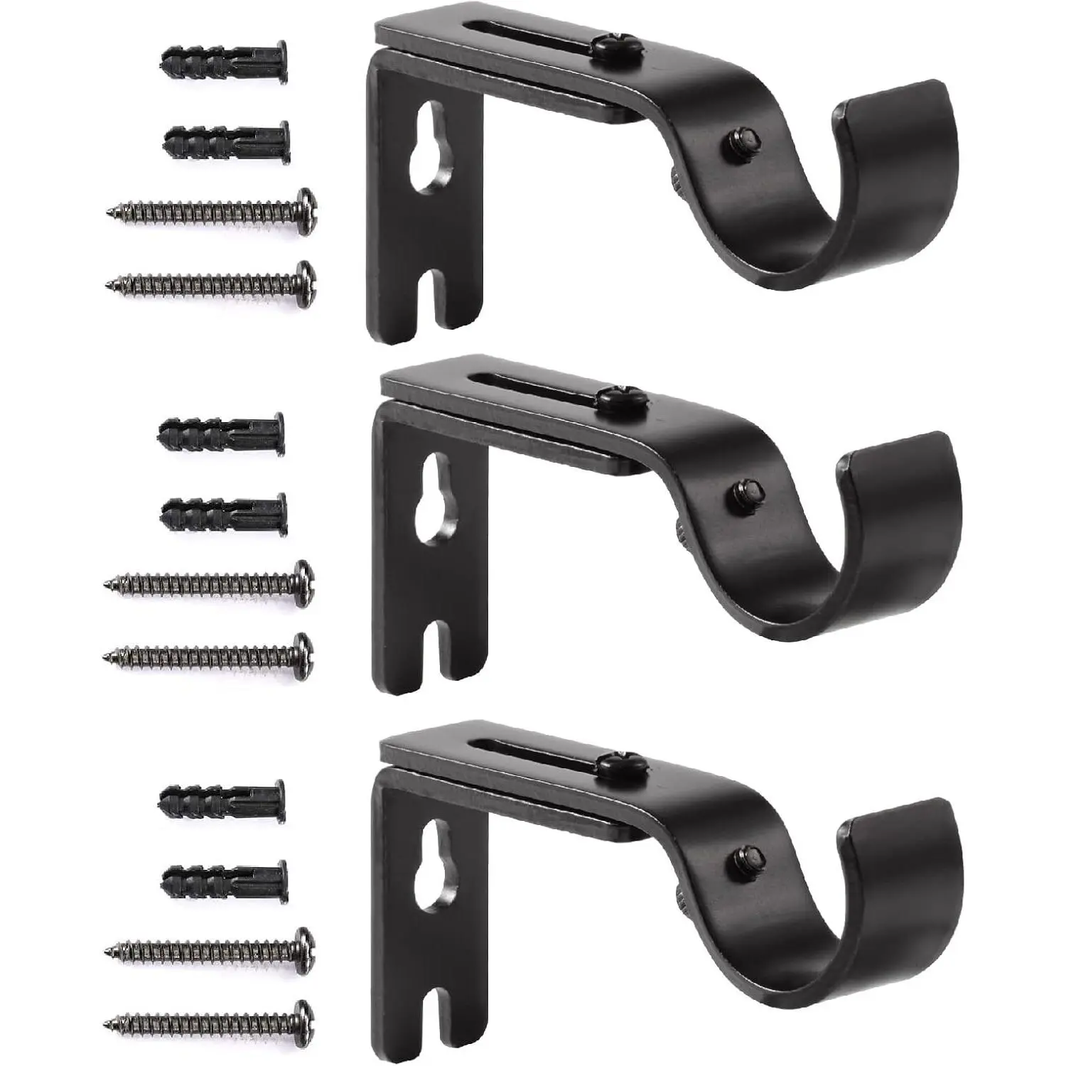 Adjustable Curtain Rod Brackets - Heavy Duty 1 Inch Curtain Rod Support (3 PCS, Black)