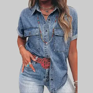 Dear-Lover Women's Ashleigh Blue Collared Denim Blouse - Shortsleeve Clothes with Cuffed Sleeves, Vintage Washed Fabric, Button Flap Pockets, Chic Casual Top for Easy Matching