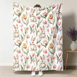 Cute Watercolor Bunny Tulip Floral Pattern Flannel Throw Blanket Soft Warm Cozy Lightweight Blanket for Home Office Travel Camping Gifts