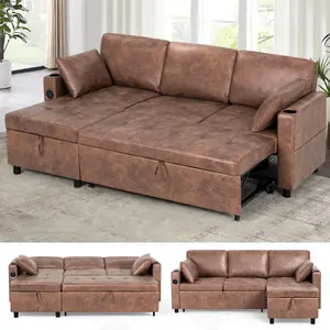 ACMEASE 84" Suede Leather Sectional Sofa w/Adjustable Backrests, Pull Out Sofa Bed w/USB Charger Port& Reversible Storage Chaise,Convertible L-Shaped Sofa with Cup Holders for Living Room