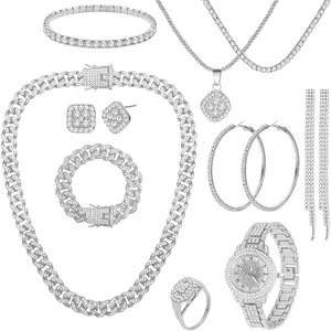 13 Pieces Silver Jewelry Set for Women Stainless Steel Cuban Link Necklaces Bracelets Earrings Watch Ring Bling Cubic Zirconia Cuban Jewelry Set for Women Men