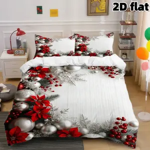 2D Flat 3Pcs Christmas Bedding Red Poinsettia Silver Ornaments Duvet Cover Winter Holiday Decor Microfiber Bedding with Pillowcases Snowflake Pattern White Background Bedroom Decoration Christmas Gift Decorative Bedsheet Sets