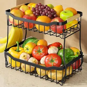 Fruit Basket for Kitchen Counter - 2 Tier Detachable Fruit Vegetable Basket with Banana Hanger, Metal Countertop Fruit Stand with Wooden Handle, Black, 8.5" D x 12.4" W x 12.3" H