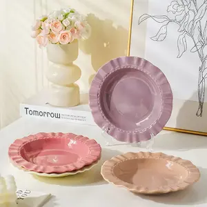 ELITEQUO 4PCS Multi-Color Ceramic Plate Set, Creative Ripple-Edge Design, Microwave & Dishwasher Safe, Durable for Family Dining fiestaware, Stylish Aesthetic