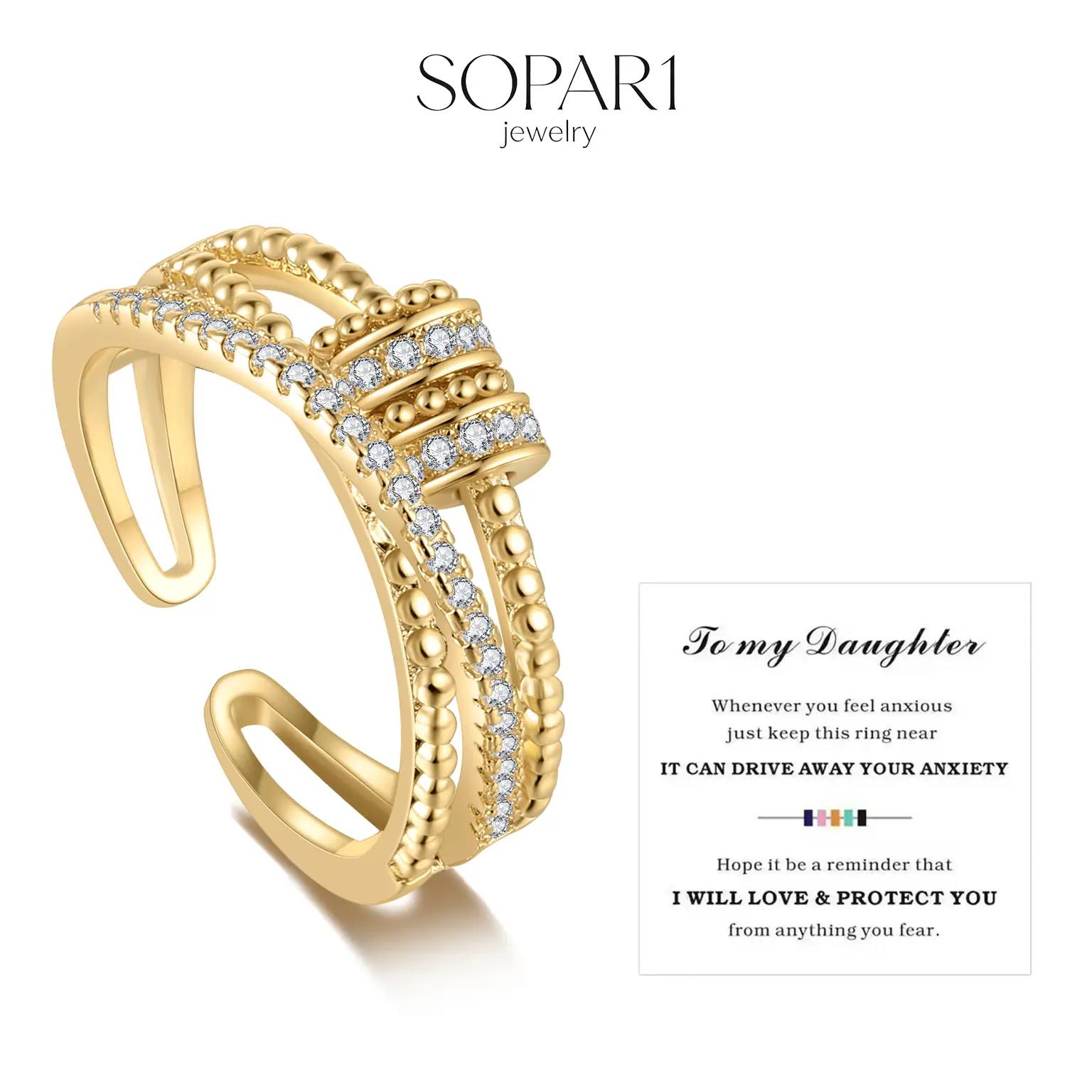 To My Daughter:Fidget Ring Anti-Anxiety Ring with Beeds Spinner Brand New Ring Jewelry For Girls Gift Cubic Zirconia Solitaire Statement Rings