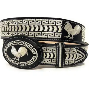 Men's Rooster Embroidered Western Leather Belt, Cinto Vaquero Bordado Con Gallo