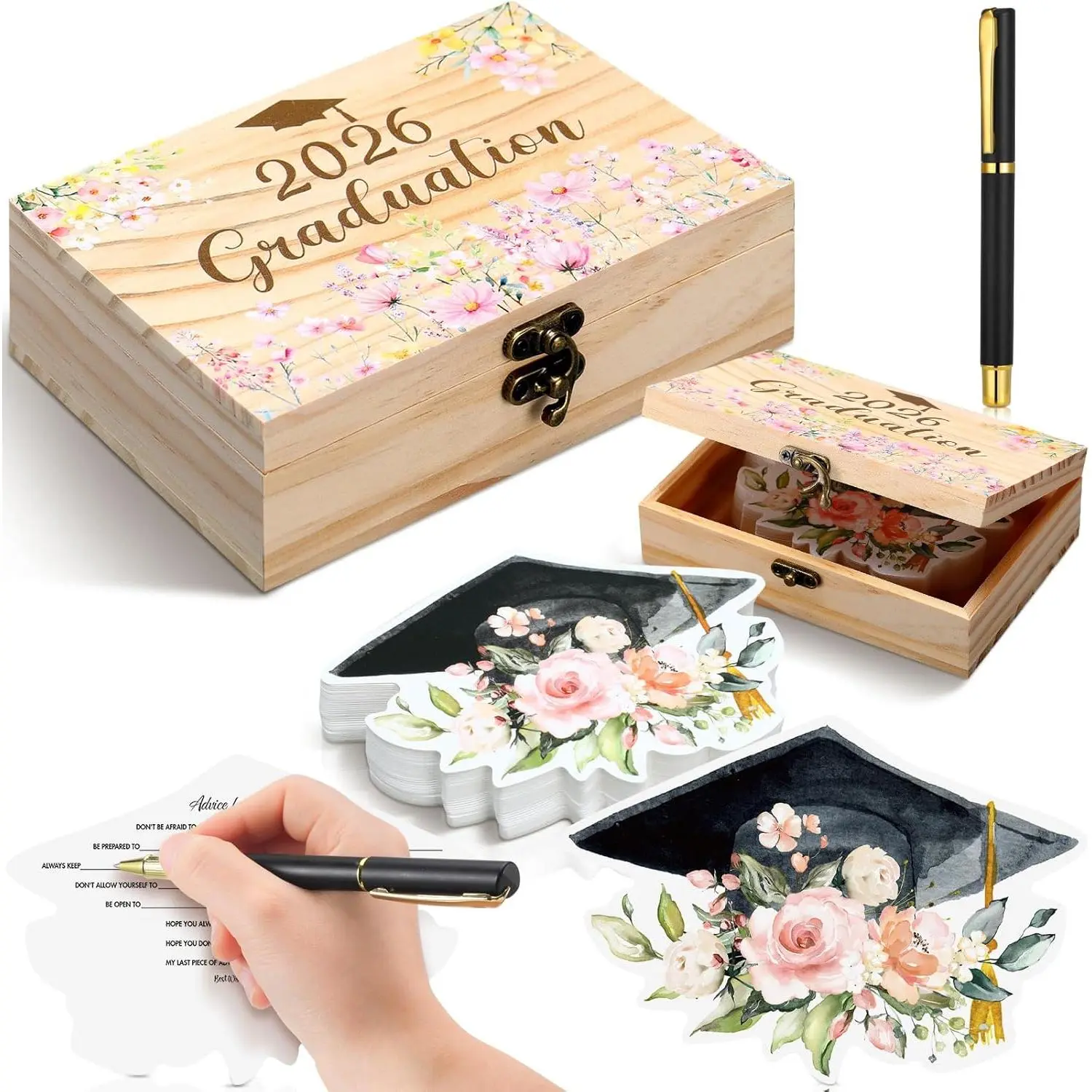 Resurhang 60 Pcs Pink Floral Rose Graduation Wood Card Box 2026 Spring Graduation Advice and Wishes Cards with Pen Class of 2026 Gifts for The Grad Party Decorations High School College