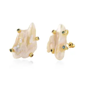White Keshi Pearl and Multi Color Cubic Zirconia Earrings in Goldtone