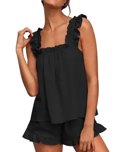 Marvmys Womens Pajamas Set 2 Piece Ruffle Bridal Cute Pajamas Sexy Tank Top and Shorts Bride Sleepwear Set S-2XL