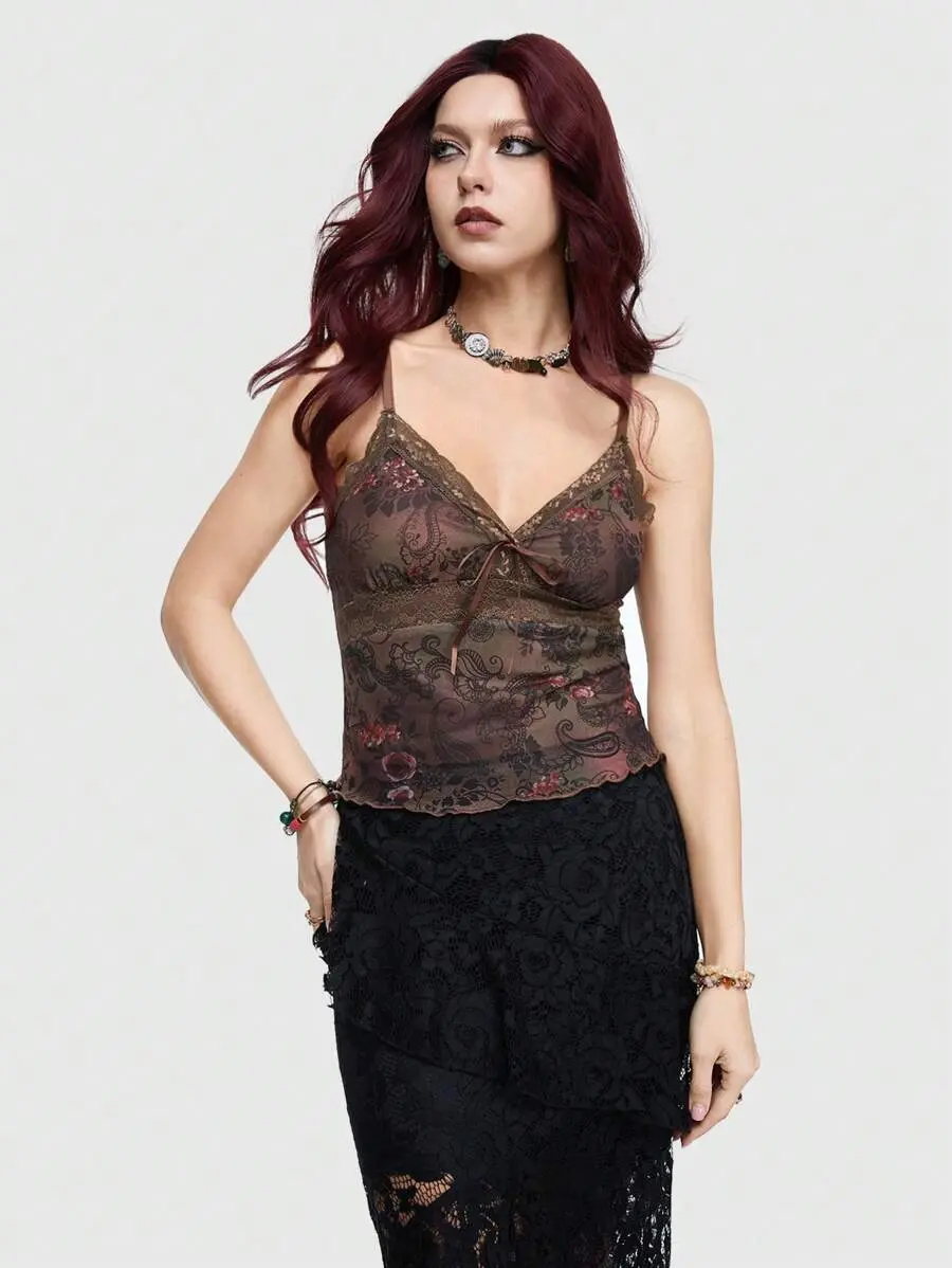 LUNA LAYER Womens Fairycore Patchwork Lace Trimmed Paisley Cami Top with Tassel Detail