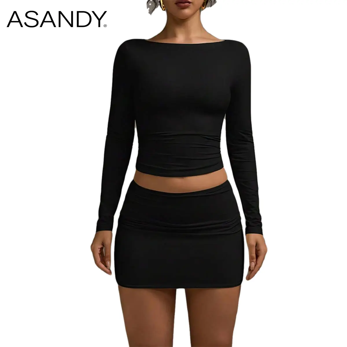 ASANDY Women's Black Mini Skirt, Chic Ruched Bodycon Style with Low Waist Fit, Stretchy Polyester for Party & Matching Sets, Black Skirt, Going Out Bottoms, Skirts For Women, Short Skirt