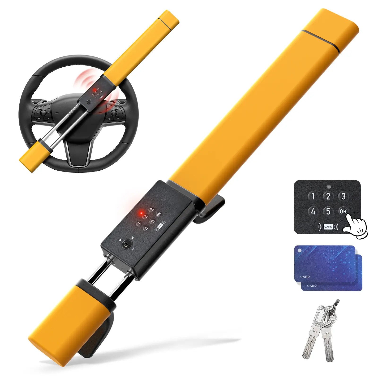 Porbi AI Steering Wheel Lock with Password + IC Card + Keys Unlocking, Heavy-duty Car Anti-theft Device with Incorrect Entry Alarm & Anti-Tamper Alarm, Fits 8.9–16" Truck Van SUV Car Wheels, Yellow