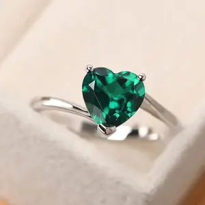 Heart-Shaped Emerald Green Silver Solitaire Ring Heart-Shaped Emerald Green Silver Solitaire Ring