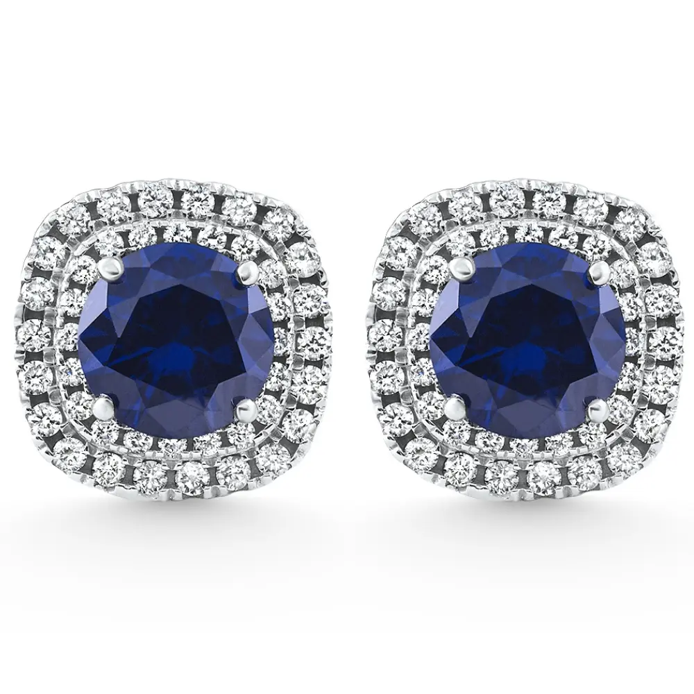 2.65Ct Cushion Halo Blue Sapphire Diamond Studs 14k White Gold Earring Lab Grown