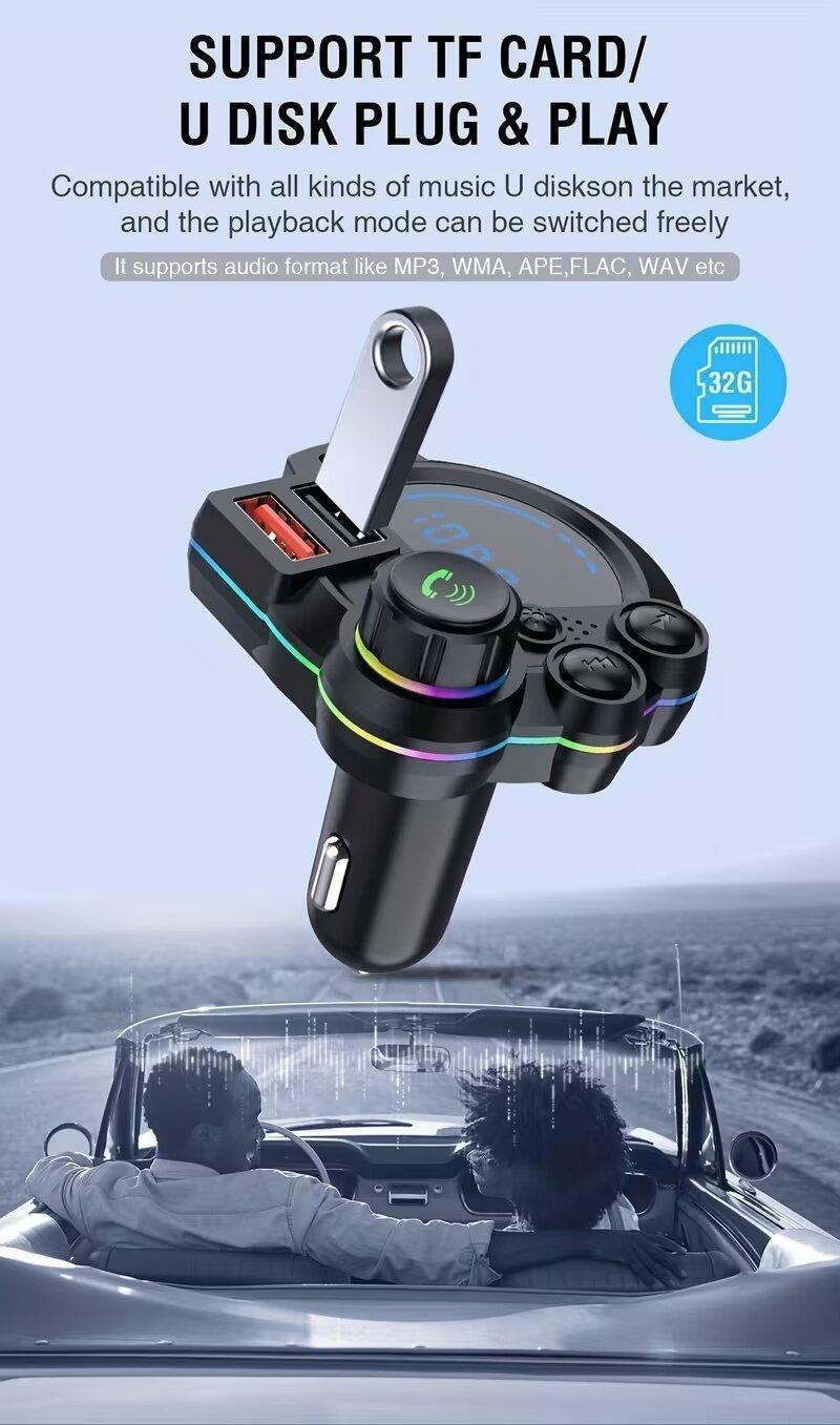 PD 20W USB-C Car Charger & Bluetooth 5.3 FM Transmitter, Wireless MP3 Player, Dual USB Charging Ports, HiFi Lossless Music, Hands-Free Calling, RGB LED Display, TF Card Support, Car Accessories