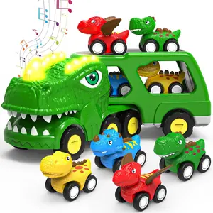 Dinosaur Truck for Kids 1 2 3 4, 5-in-1 Dinosaur Transport Carrier Truck with Music & Flashing Lights & Dinosaur Roars, 4 Mini Dinosaur Car Vehicles Toddler Toys for Boys,Boy Girl Gifts Ages 1-5