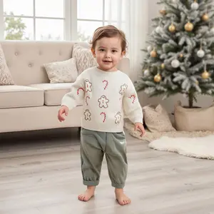 Girls Christmas Knit Sweater Long Sleeve O Neck Gingerbread Candy Cane Embroidery Pullover Knitwear