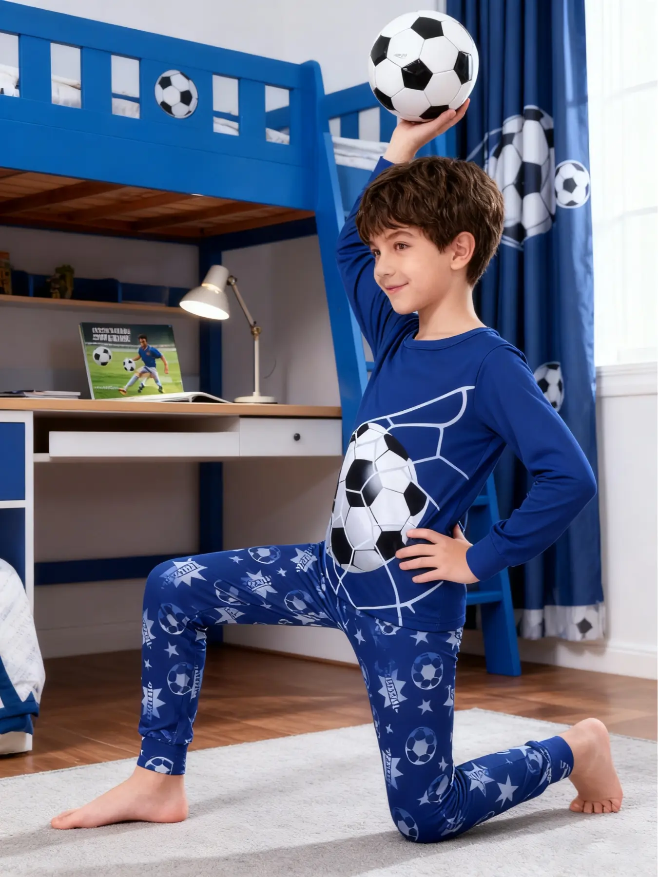Boys' 2-Piece Cool Soccer Themed Football Pattern Sleepwear Set, Spring & Fall Thin Round Neck Long Sleeve Pajamas, Pyjamas Set, Casual Fitted Home Wear, Print Pajama Set