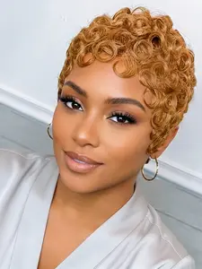 6 Inch Blonde Pixie Cut Loose Curls Human Hair Wig, Short Curly Wig for Women, Casual Style, No Ca Prop 65 Re