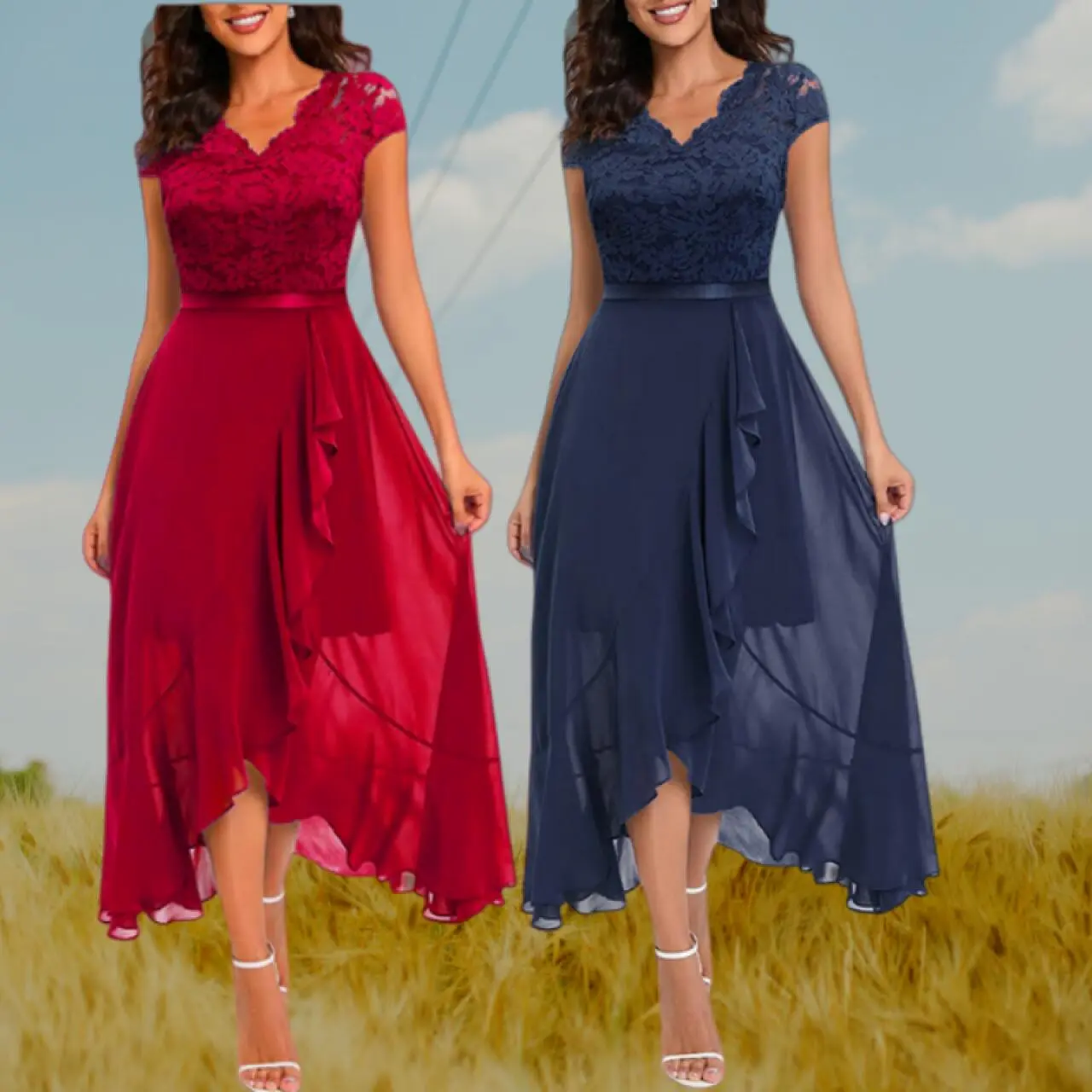 Women's Formal Elegant V-Neck Sleeveless Bridesmaid Dress - Lace Mesh Bodice, Large Swing Maxi Skirt for Evening Events