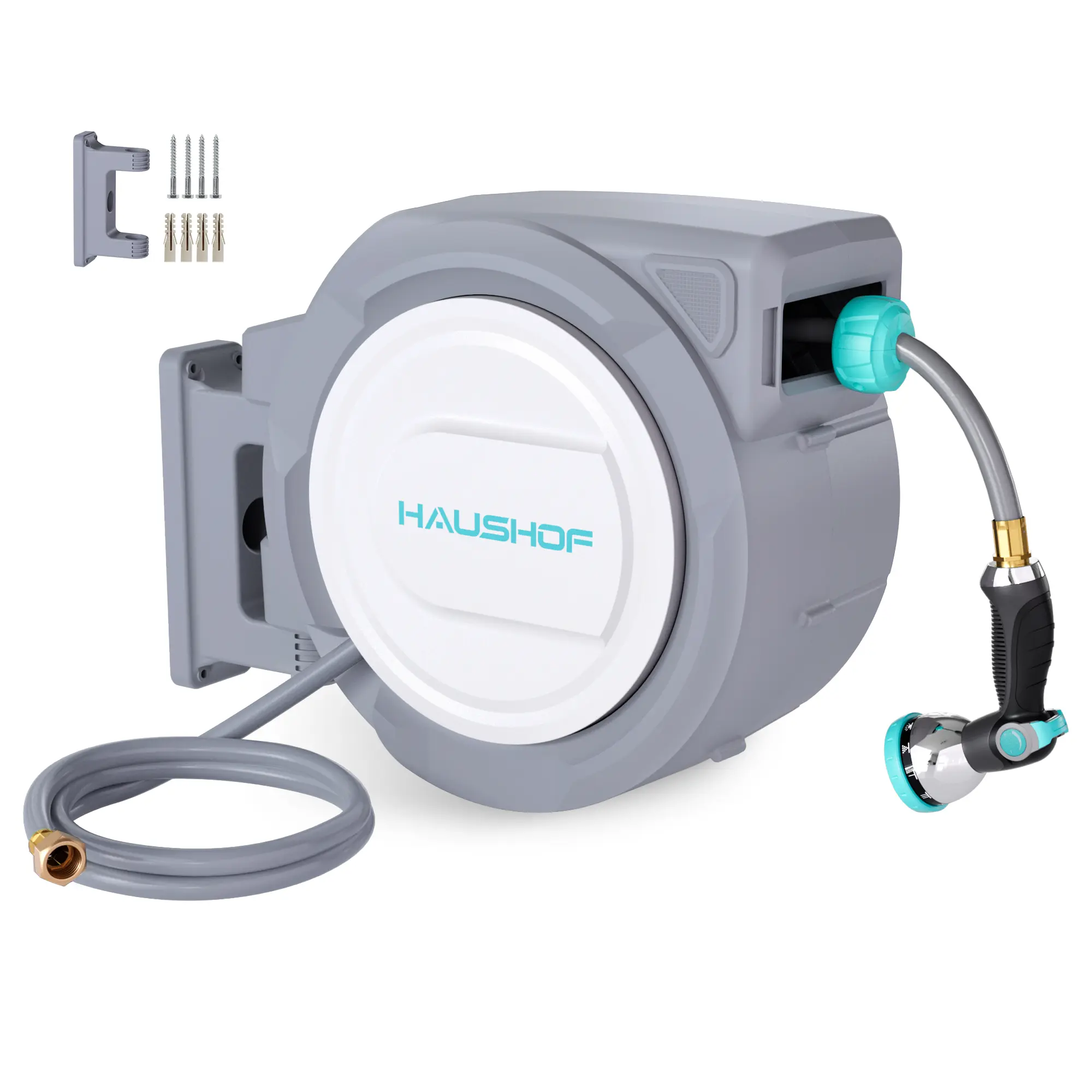 #fathersdaygift HAUSHOF Retractable Garden Hose Reel 1/2” x 130 ft, Auto-Lock at Any Length, Slow Return System, Wall Mounted and 180° Swivel Bracket for Outside Water