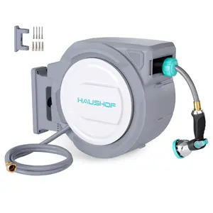 #SpringGlowUp HAUSHOF Retractable Garden Hose Reel 1/2” x 130 ft, Auto-Lock at Any Length, Slow Return System, Wall Mounted and 180° Swivel Bracket for Outside Water