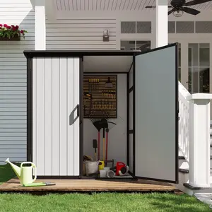 【2 Boxes Shipped At Different Times】 5 x 3 FT Outdoor Storage Shed Resin Material with Floor & Lockable Doors Waterproof Plastic Tool Shed for Backyard Garden Patio Lawn Grey Modern Organizer - Furniture