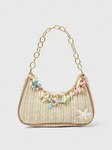 VYNCE Fairycore 1pc Summer Beach Starfish Series Shell & Seashell Woven Shoulder Hand Carry Bag, Beach Bag, Straw Handbag For Women (Charm Color & Style Randomly) , Summer