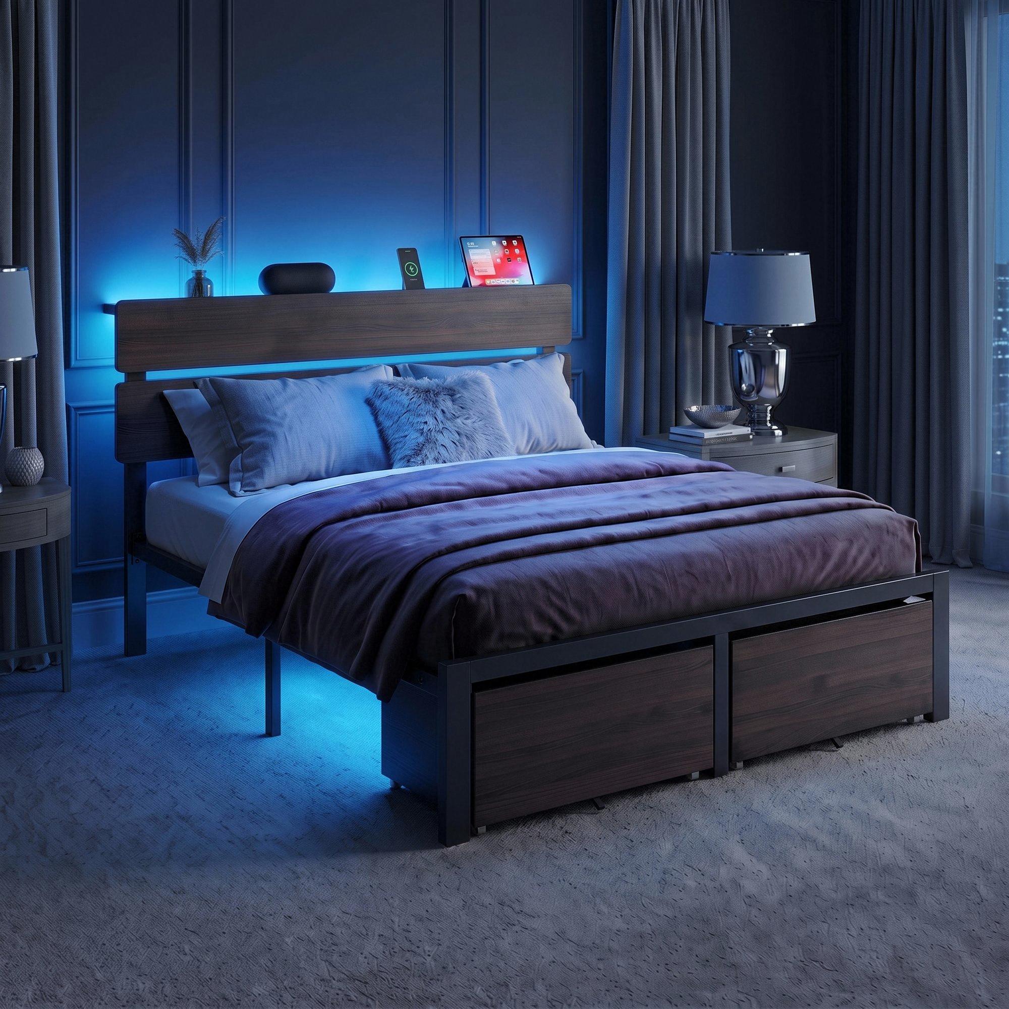 MUTICOR LED Bed Frame with 2 Fabric Storage Drawers, Charging Station & MDF Storage Headboard, Steel Slat Platform Bed with Underbed Storage, No Box Spring Needed