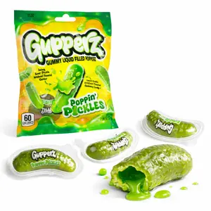 Gupperz Poppin’ Pickles 2.54oz - Gummy Candy with Sour Liquid Center Unique Pickle Shape Sweet Outer Layer Bold Sour Flavor Resealable Pouch for Parties and Snacking