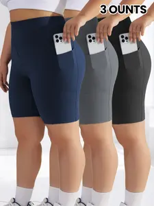 Women's High-Waisted Tight-Fitting Soft Stretch Shorts Set, Comfortable Fashion Sportswear, Perfect for Casual Wear, 3-Piece Plus Size Pocket Five-Quarter Pants