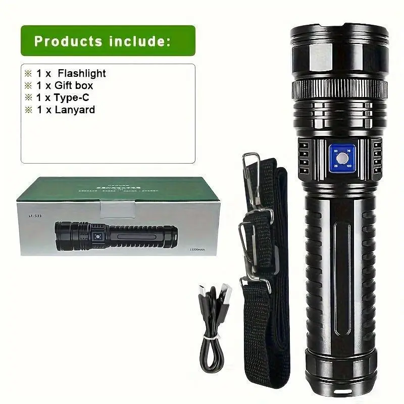 Super Bright LED Tactical Flashlight with 15000mAh Battery, 800m Beam, USB Charging Power Bank, 5 Modes, Adjustable Zoom, Lanyard, USB Port - Durable LED Lights for Emergency, Camping, Hiking, Hunting
